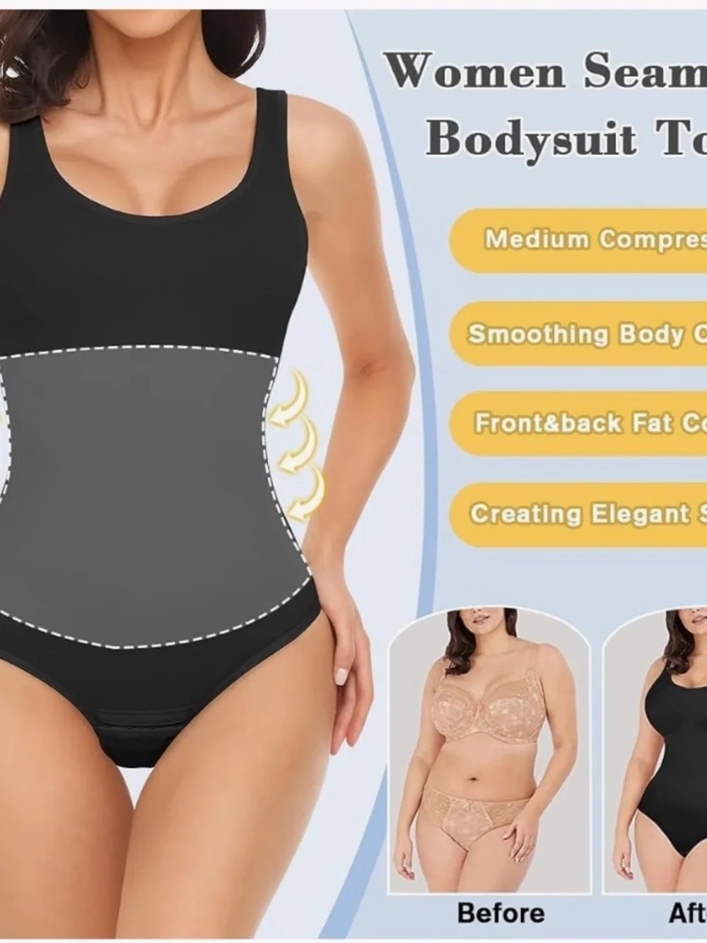 VVX Women Seamless Tummy Control Bodysuit Black M/L Medium Compression - Picture 2 of 7